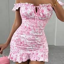 Floral Print Ruffle Hem Tie-Back Off-Shoulder Elegant Dress